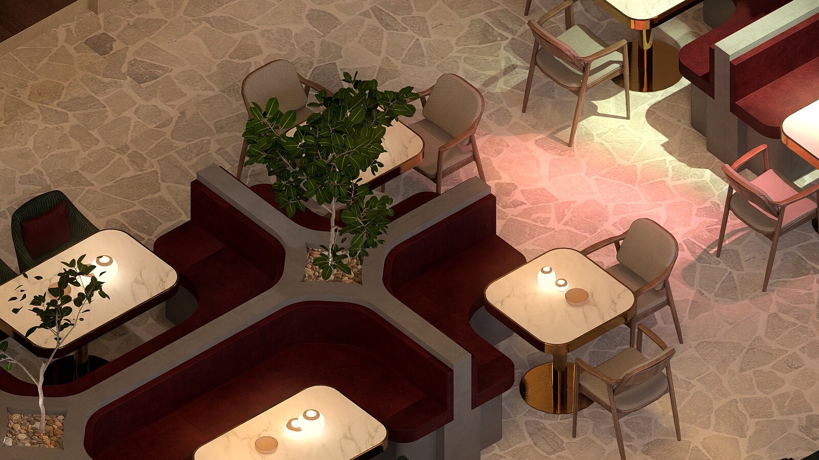 A cross of banquettes seen from above.