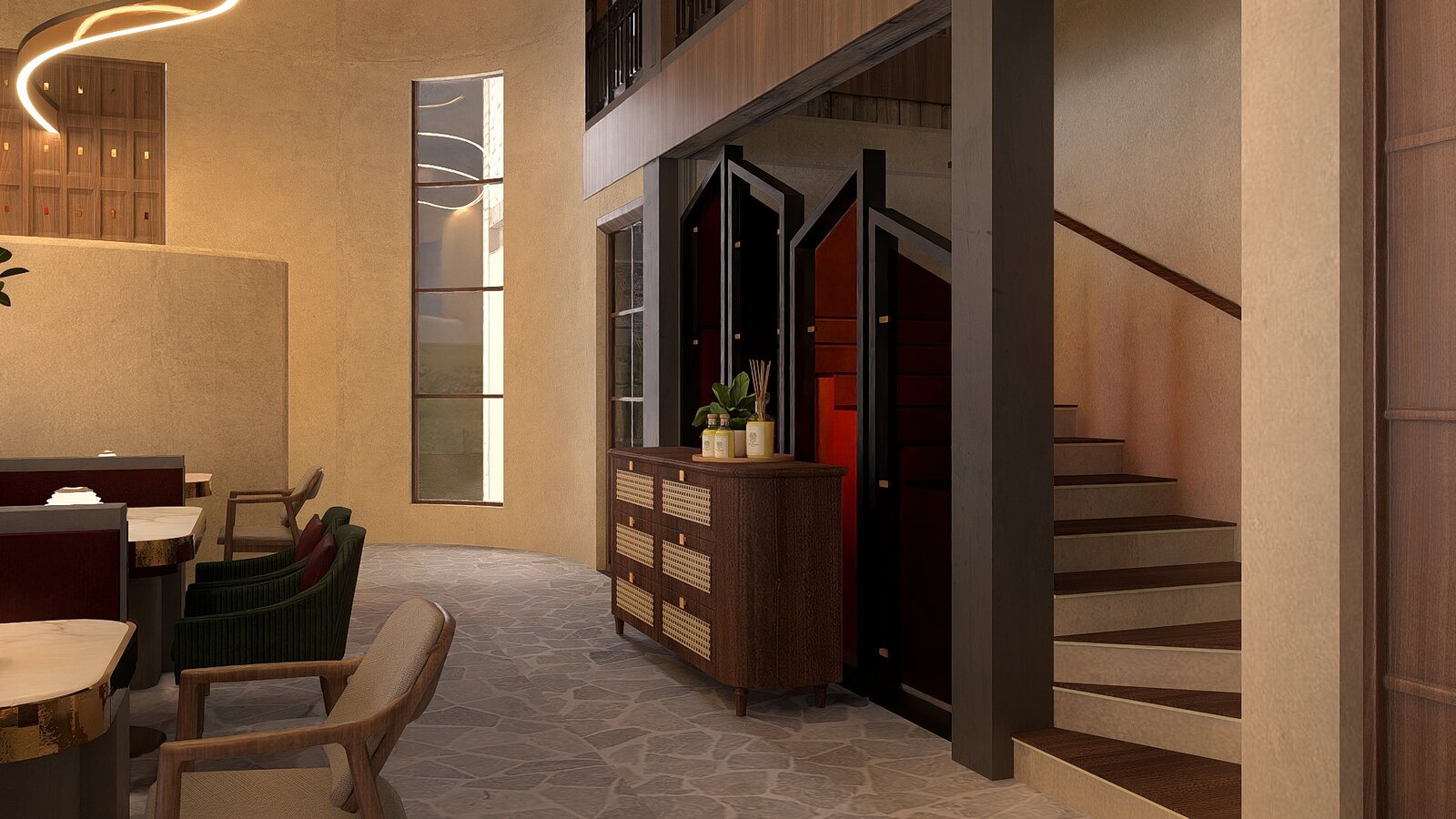 The stair rises past a red door to the court.