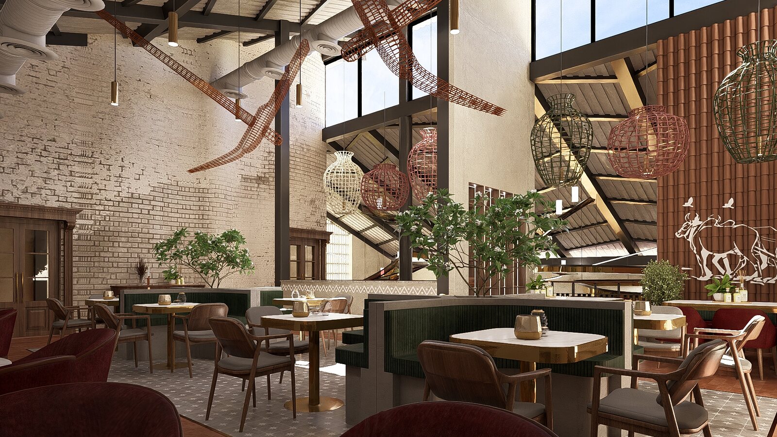The upper floor, brick and a double-height stair.