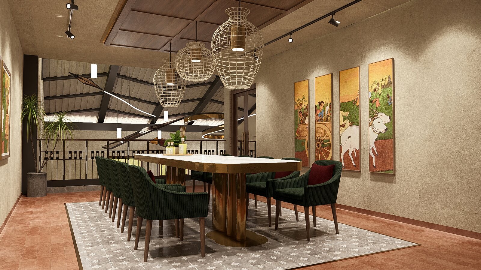 A private table under cane pendants.