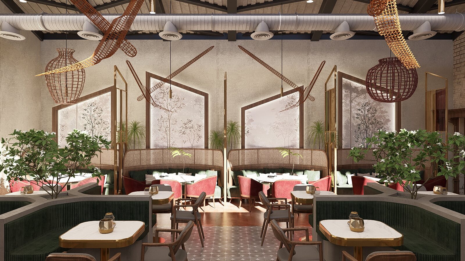 Murals and pendants over the banquettes.