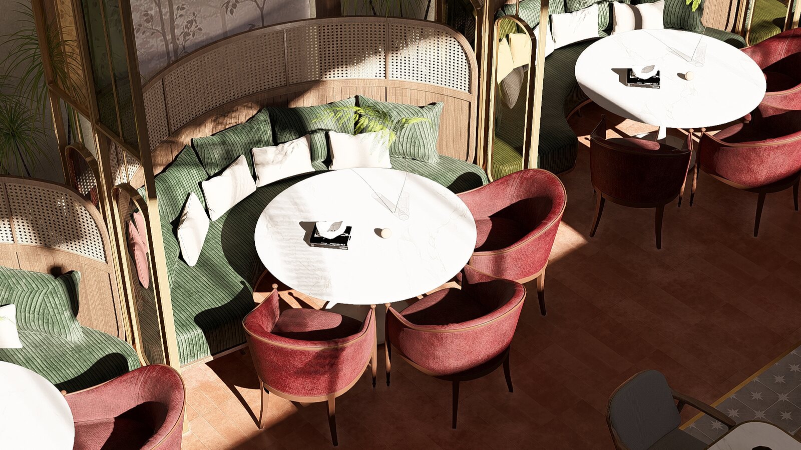 Green booths and round tables from above.