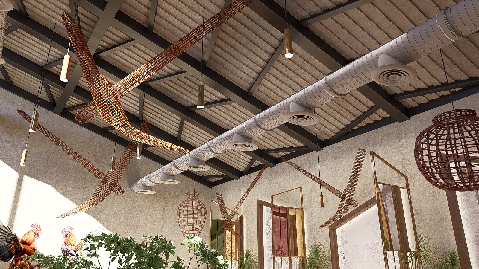 Cane pendants hung from the trusses.