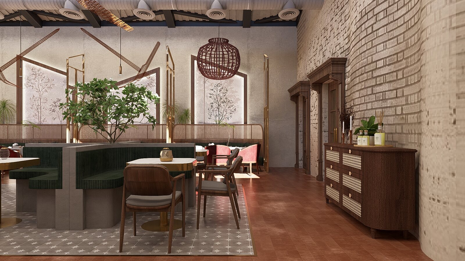 A brick corner, a booth and a cane light.