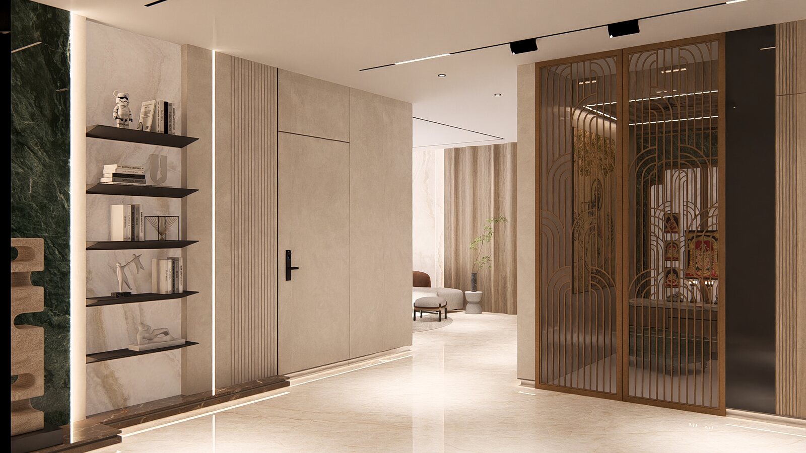 The foyer. A brass screen beside the marble floor.