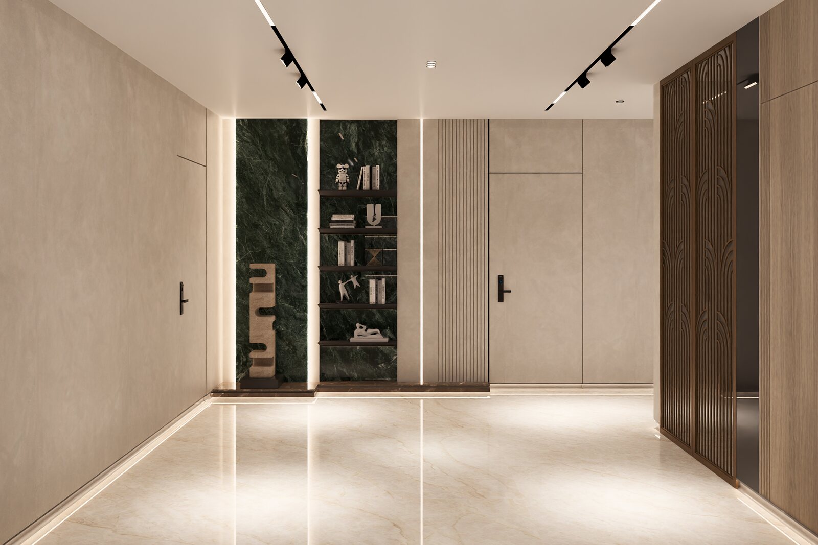Green marble frames the passage to the living room.