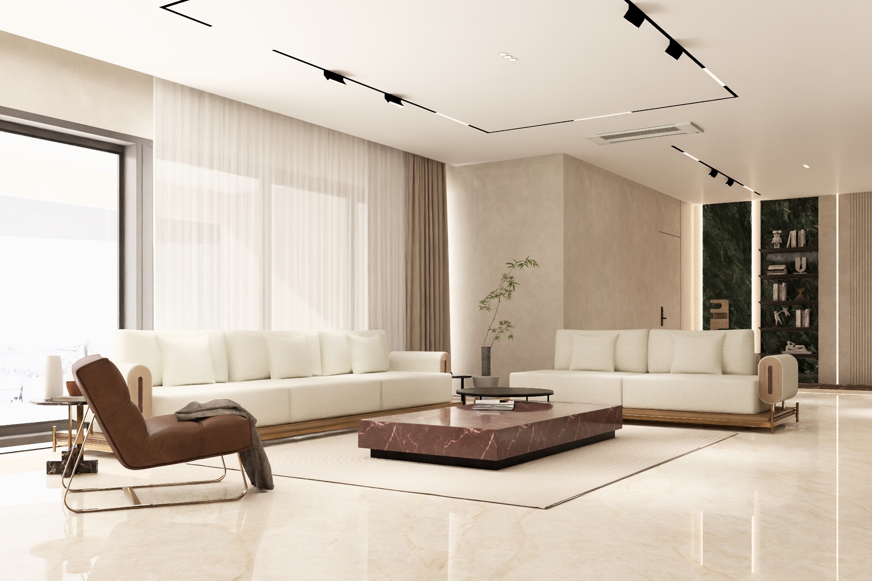 White sofas and a low table on travertine.