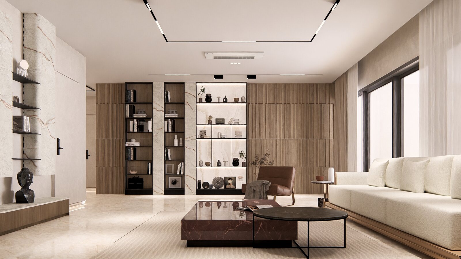 A dark shelving wall holds the lounge.