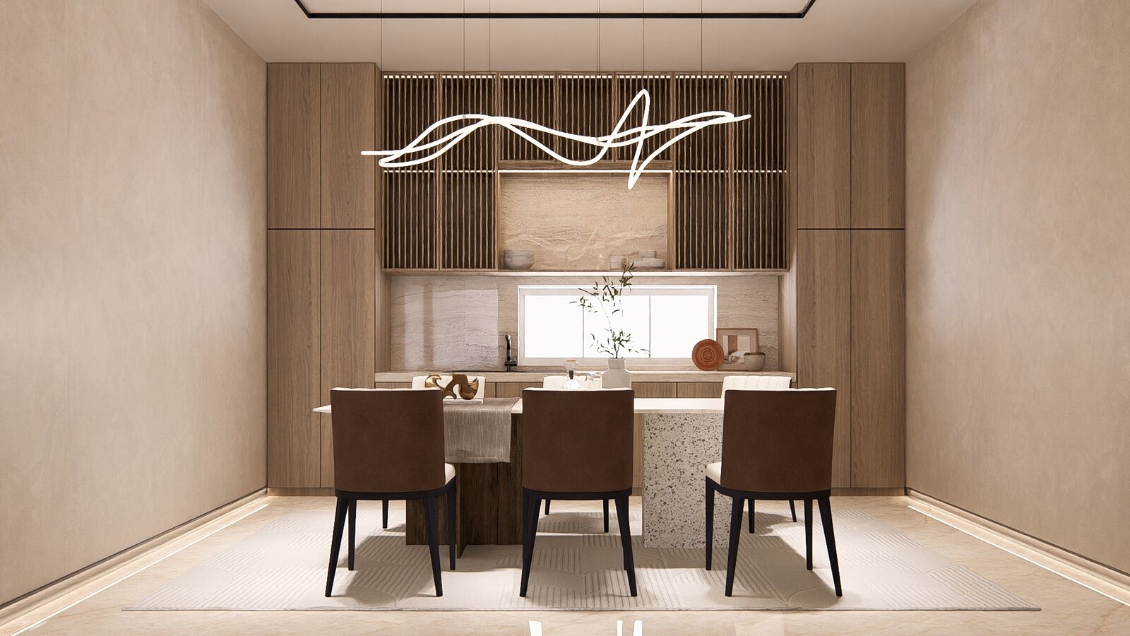 The dining table under the light ribbon.
