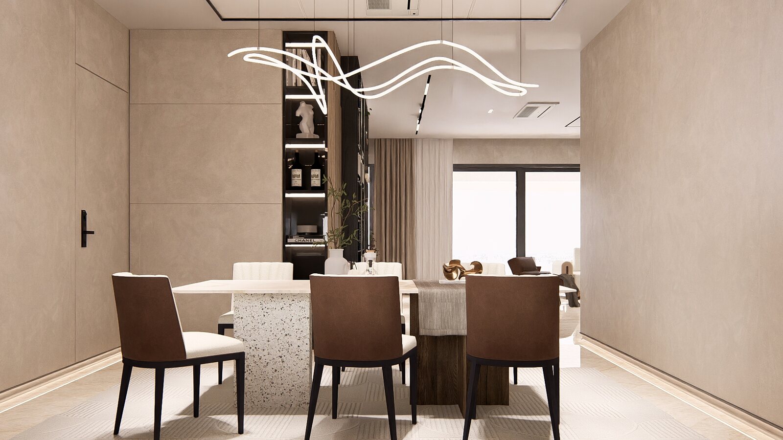 Dining chairs against the fluted wall.