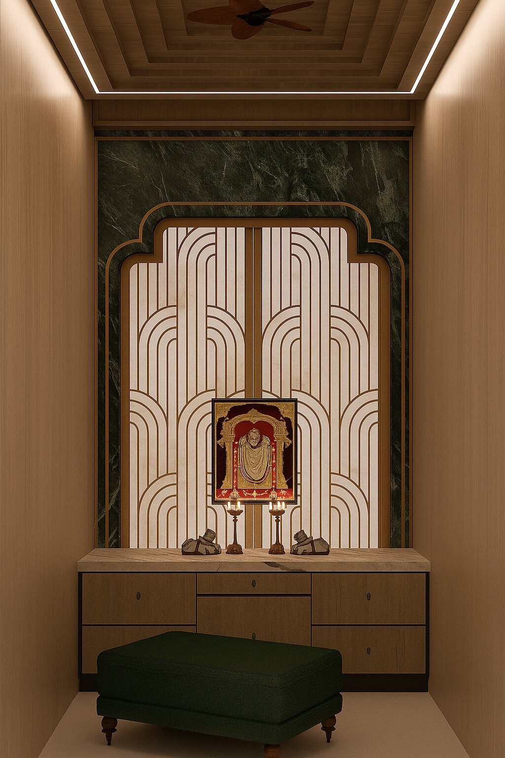 The pooja, framed in green marble and a deco screen.