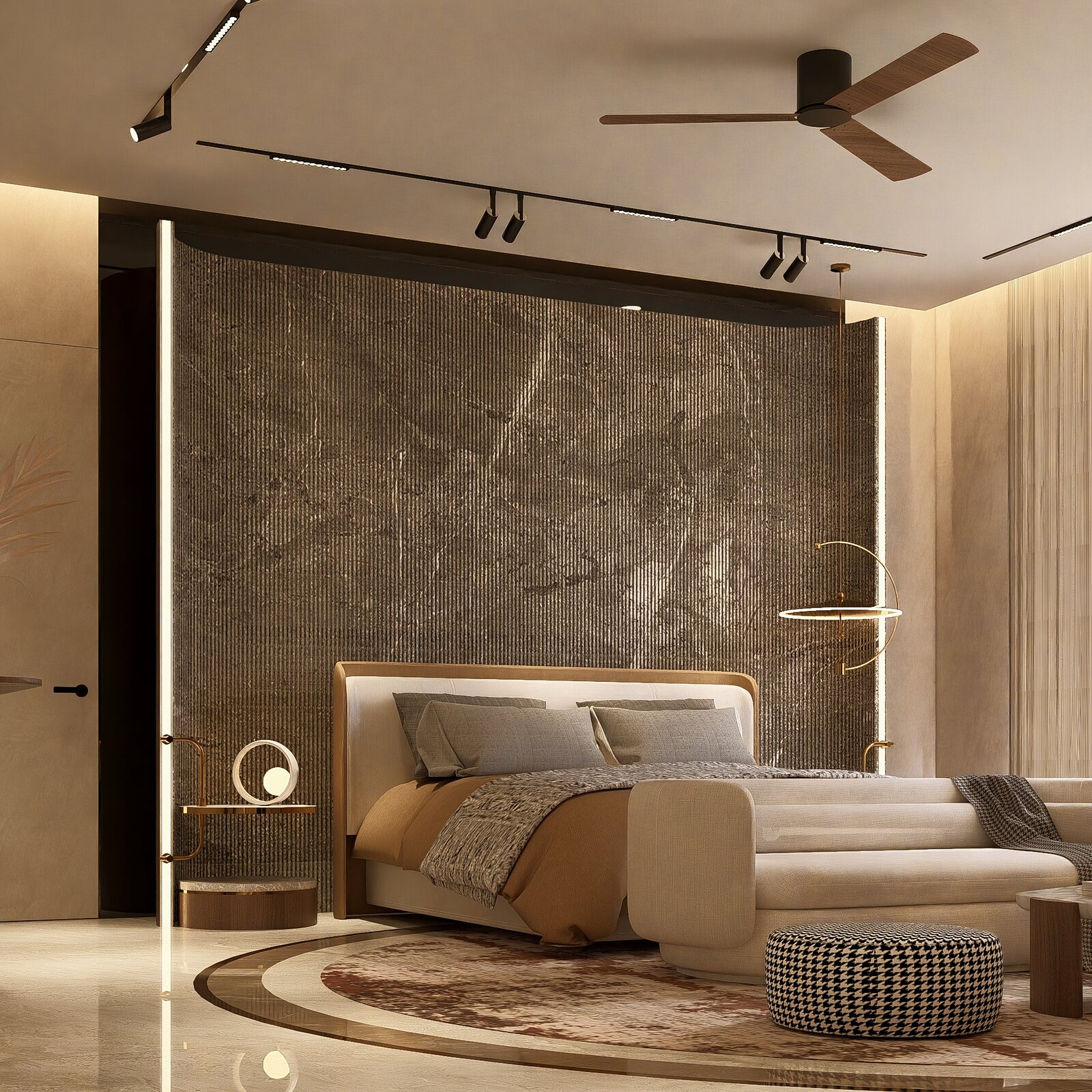 A textured stone wall behind the master bed.