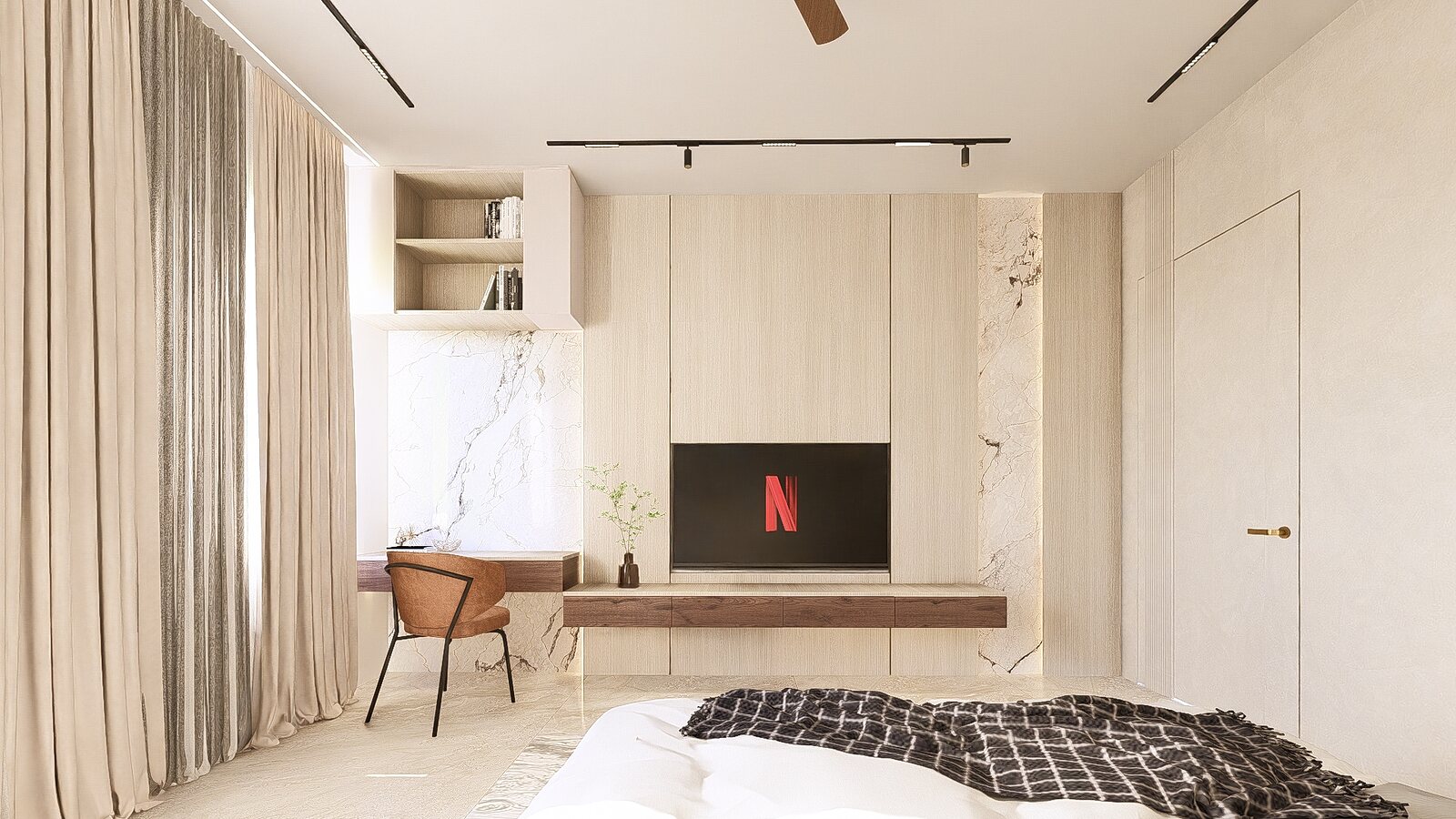A guest room, warm neutral and walnut.