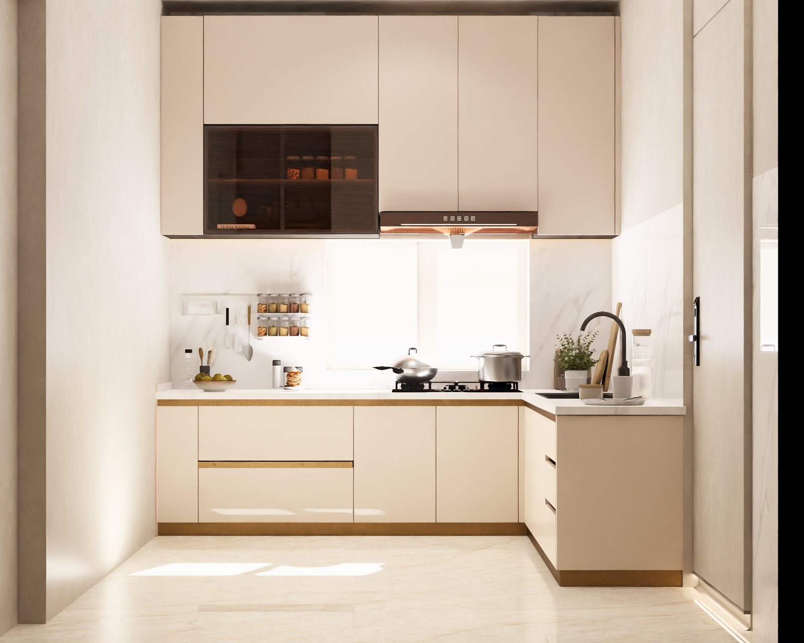The kitchen in cream and walnut.