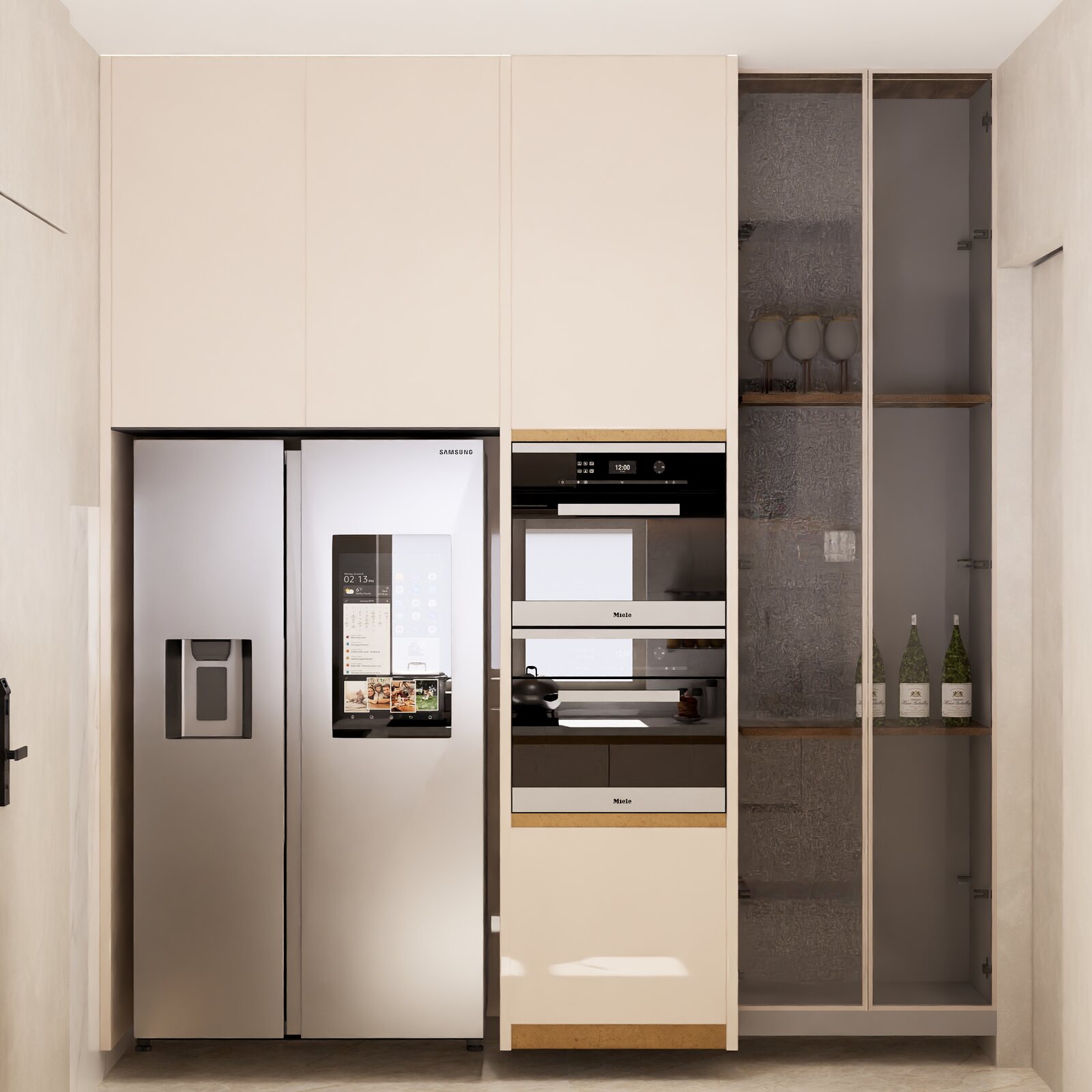 Tall units and appliances off the kitchen.
