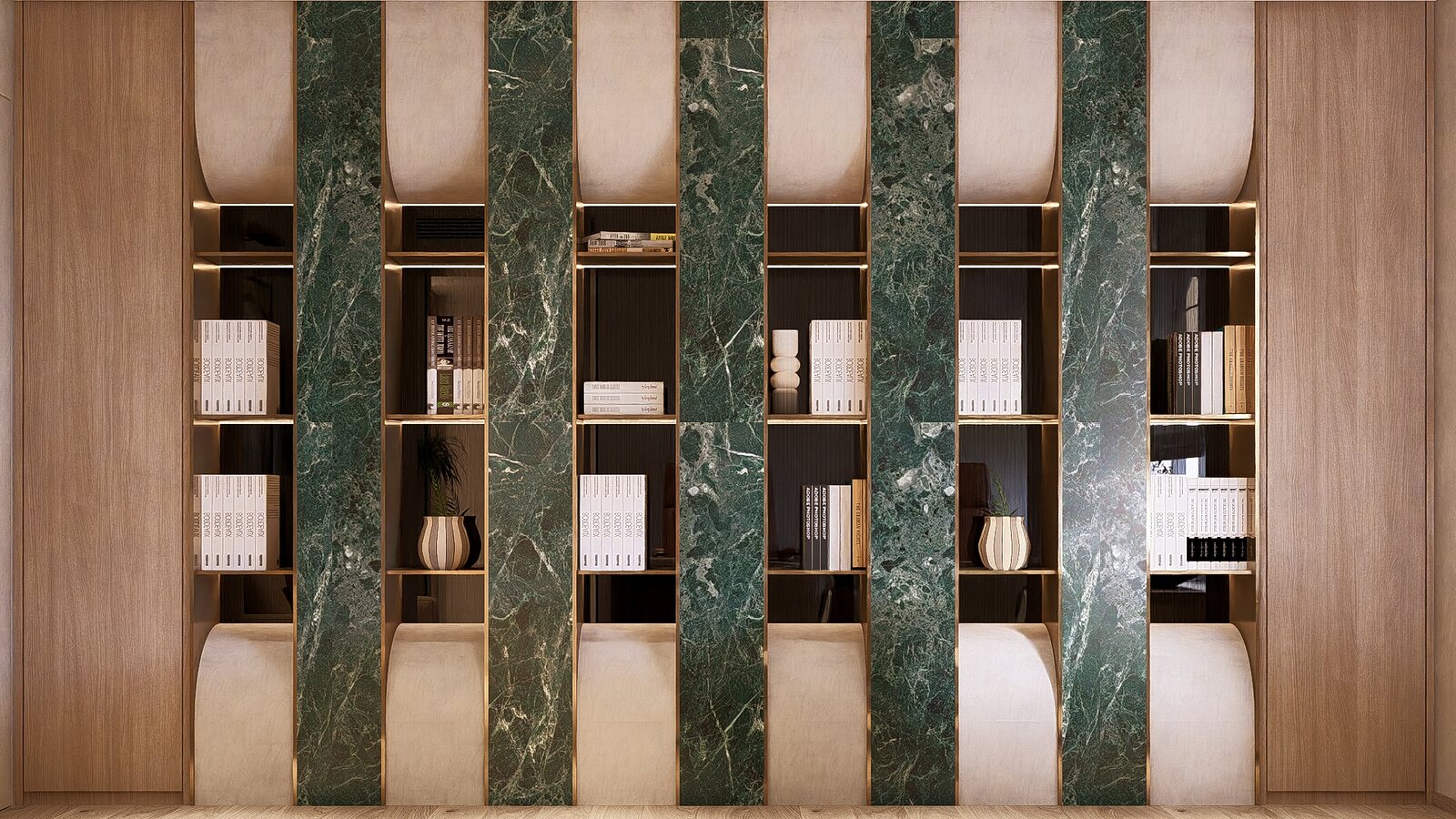 The study. Green marble shelving wraps the desk.
