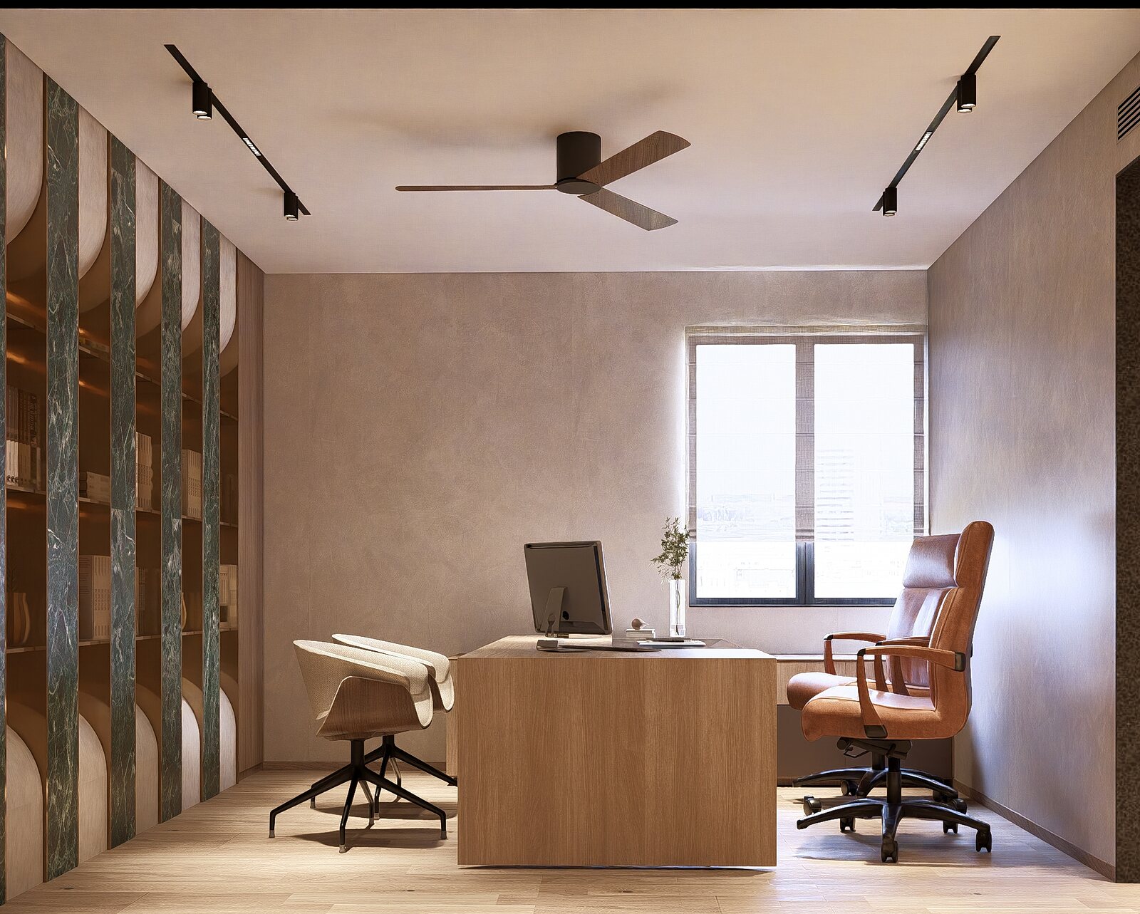 The desk behind a fluted screen.