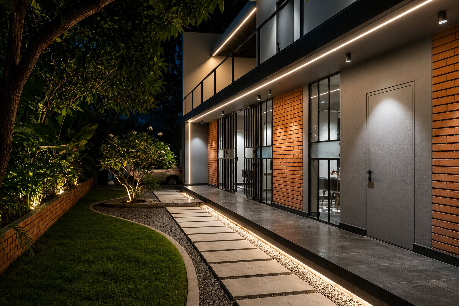 The building at dusk, the garden path lit.