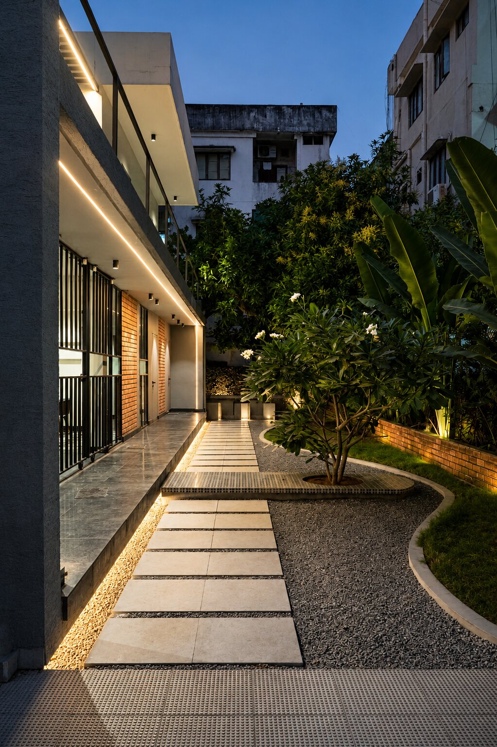 A path of stepping stones through the side garden.