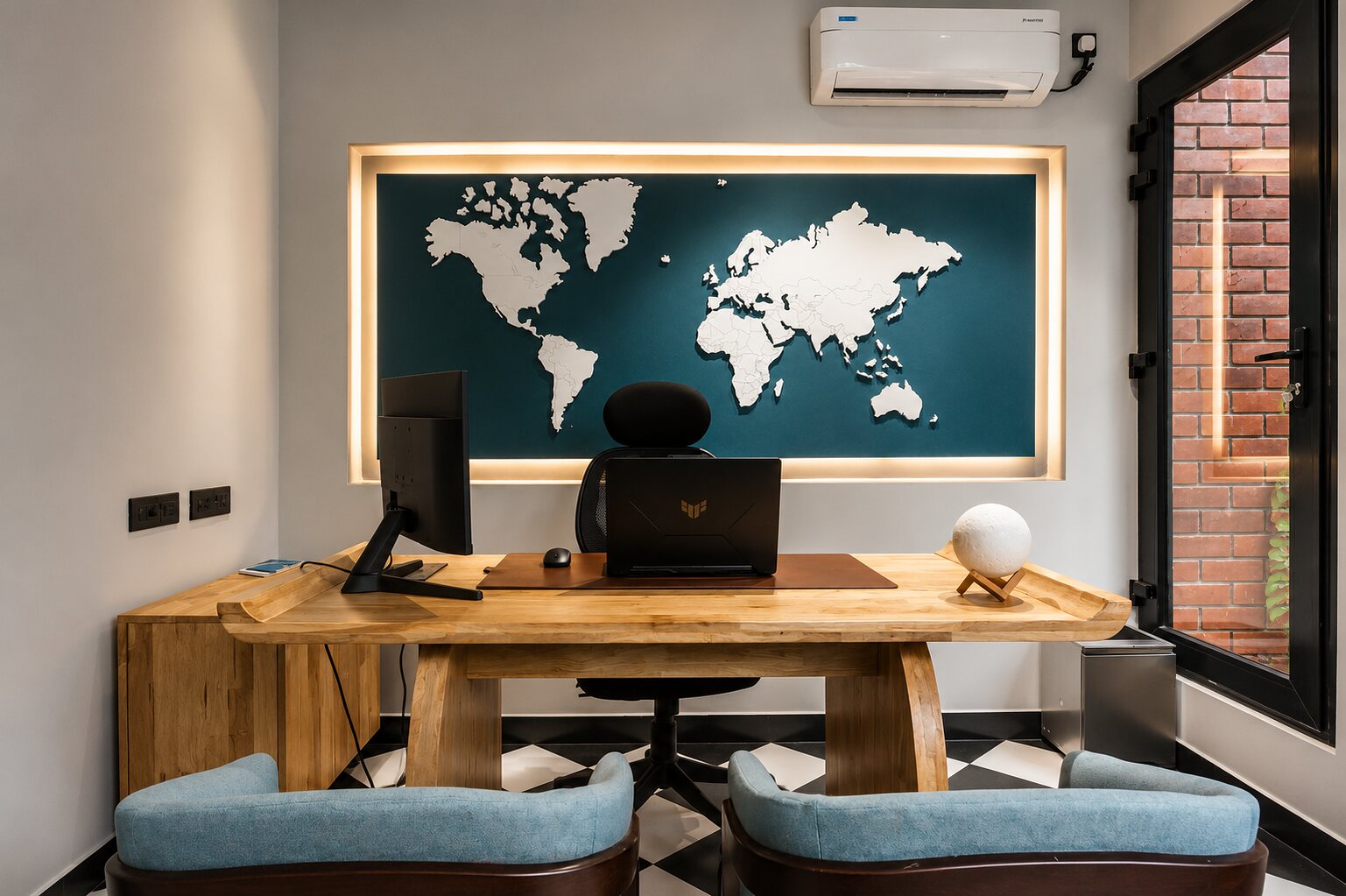 A cabin desk below a world map in relief.