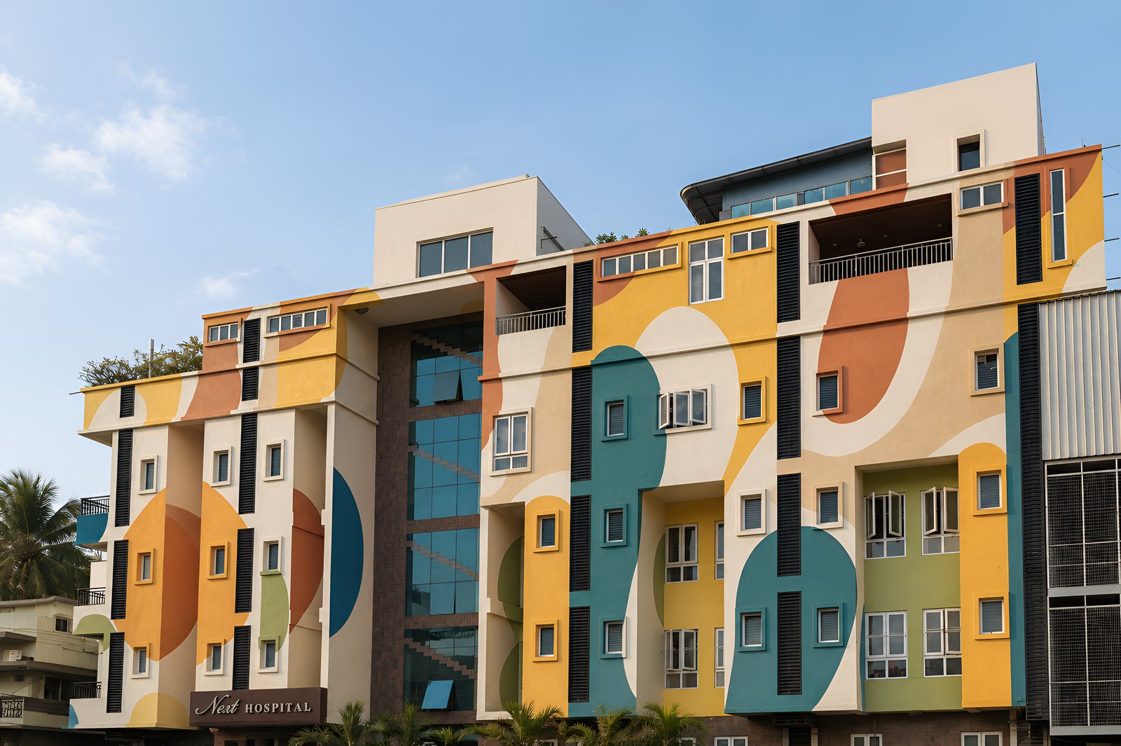 NEST children's hospital, a colourful street facade.