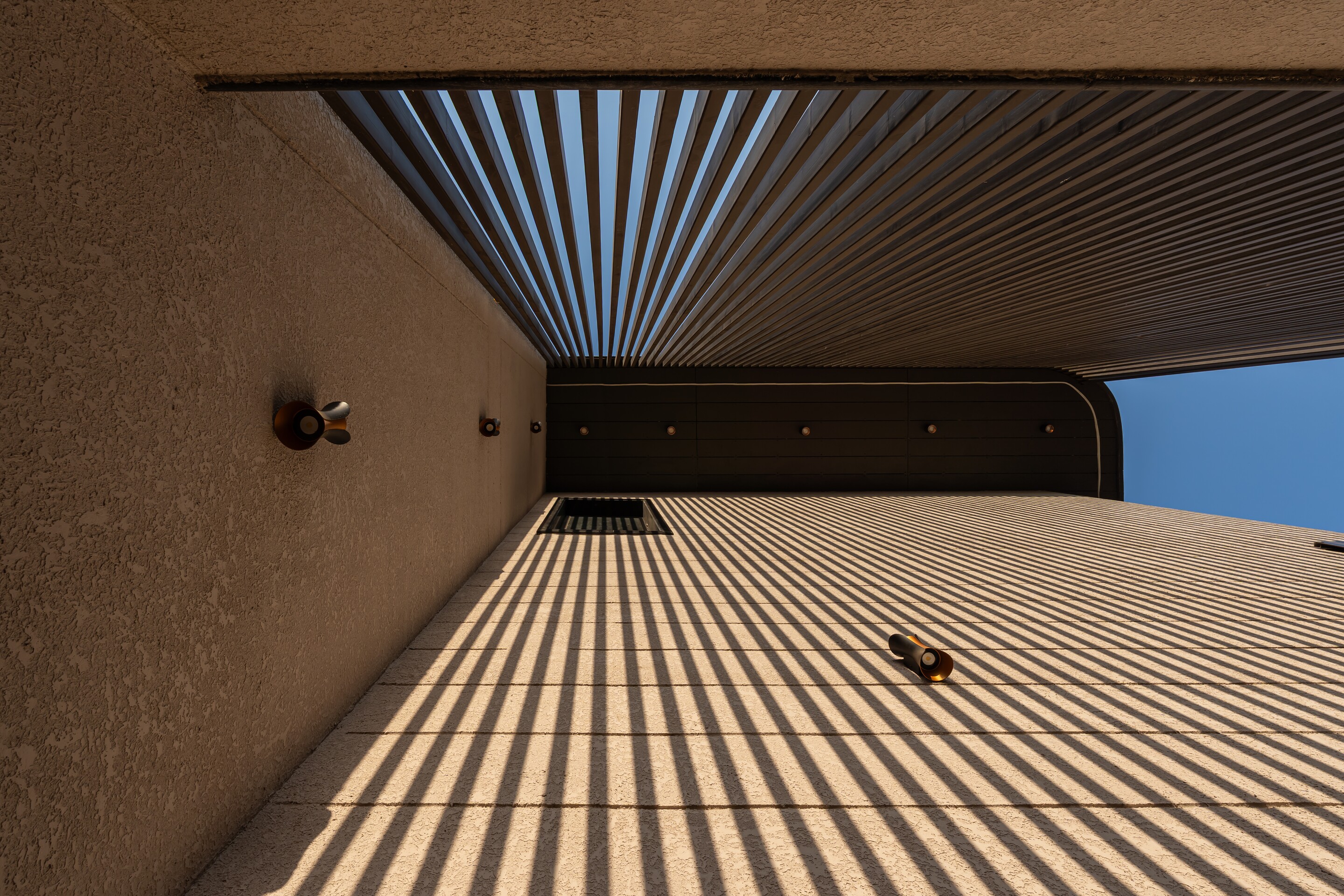 Under the curved soffit, timber slats rake the light.