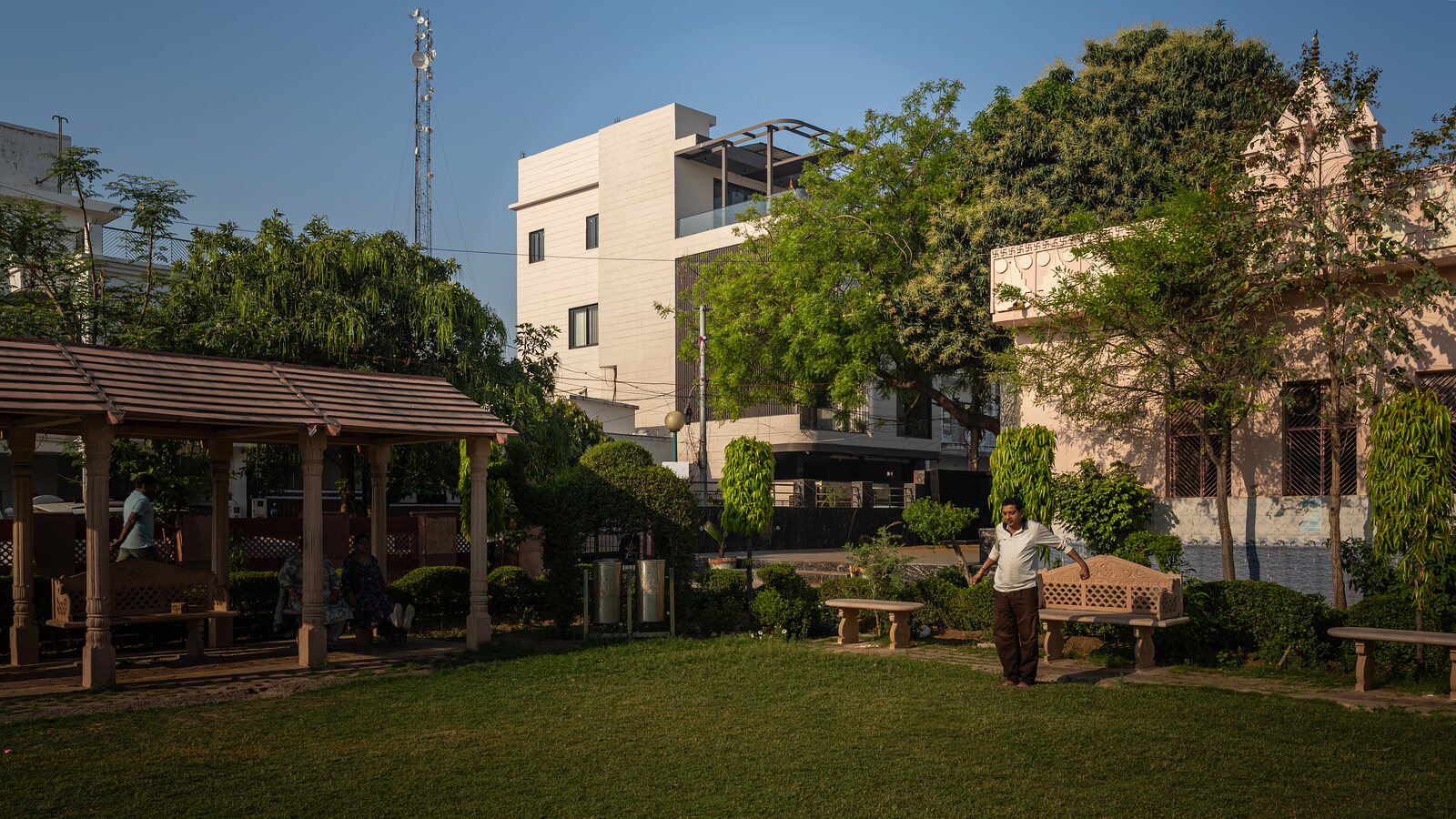 The garden and gazebo at dusk.