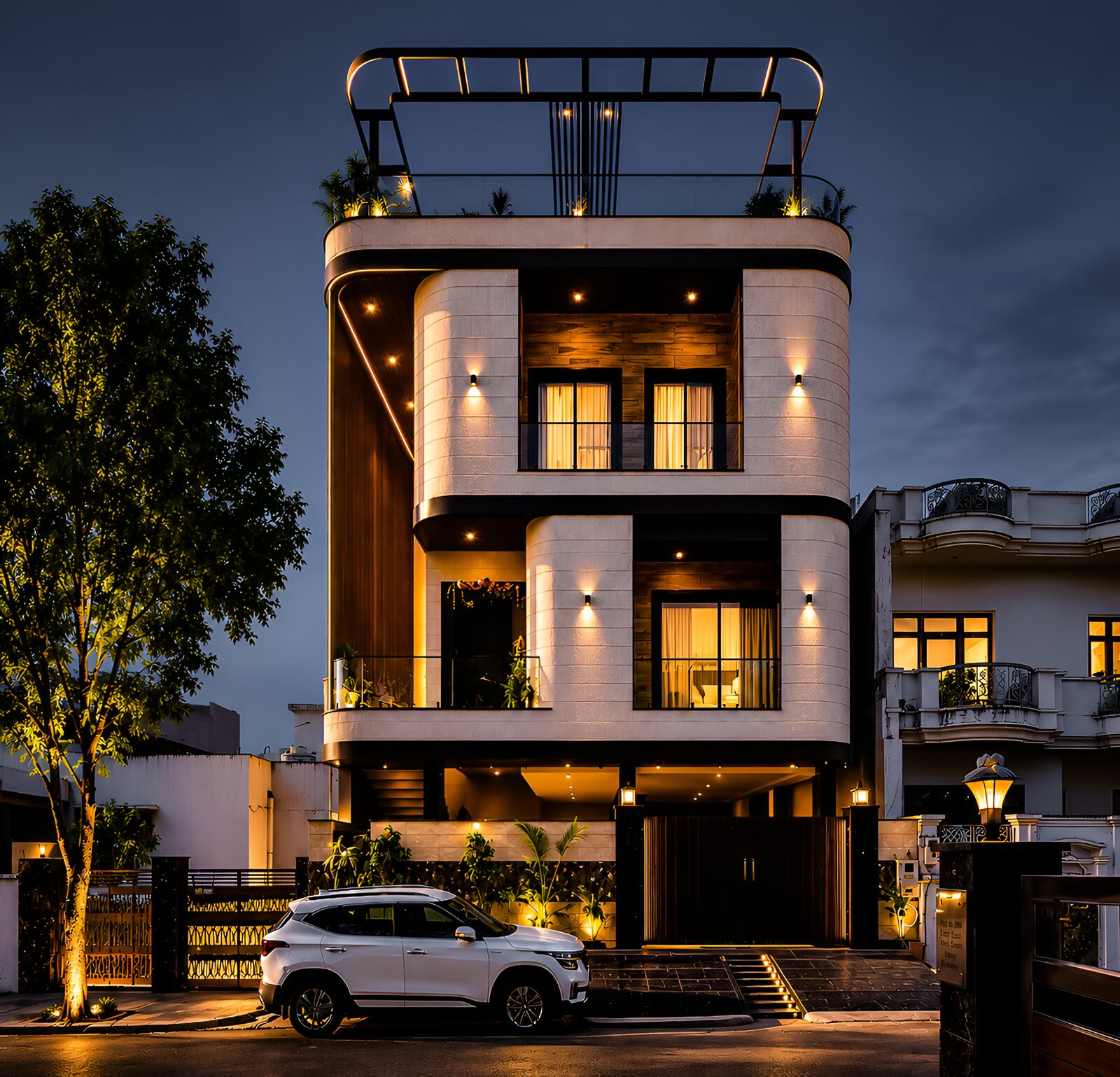 The same front at night, warm behind the fins.