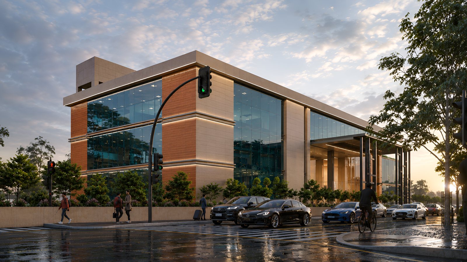 Quadrant Resource, the IT building in Warangal at dusk.