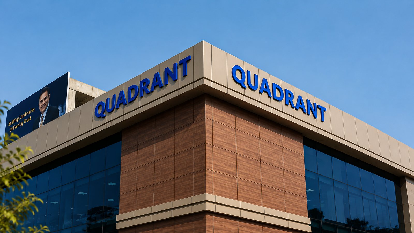 The corner, Quadrant Resource signage over the glazed base.