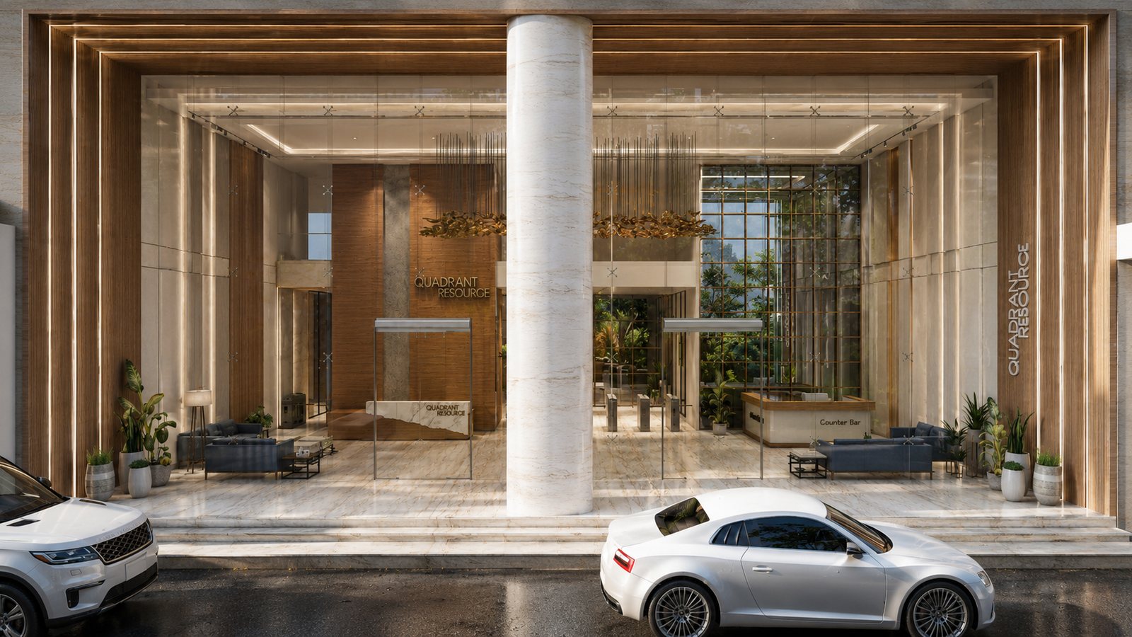 The entrance portico at night, lit between stone columns.