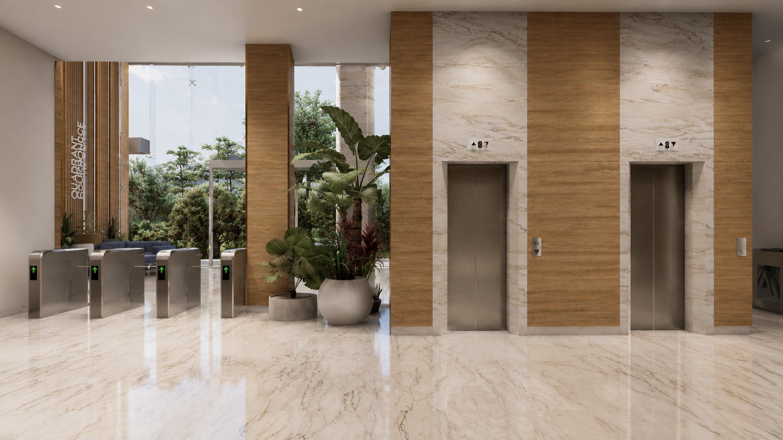 The lift lobby, marble under a double-height wall of glass.