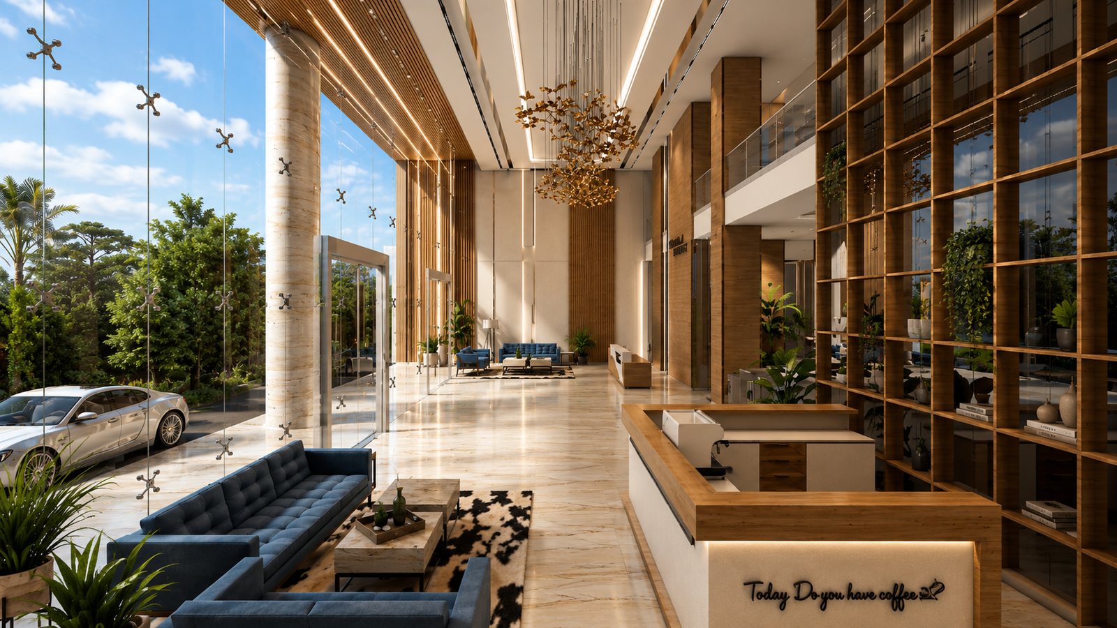 The main lobby, reception set against the tall glazed front.