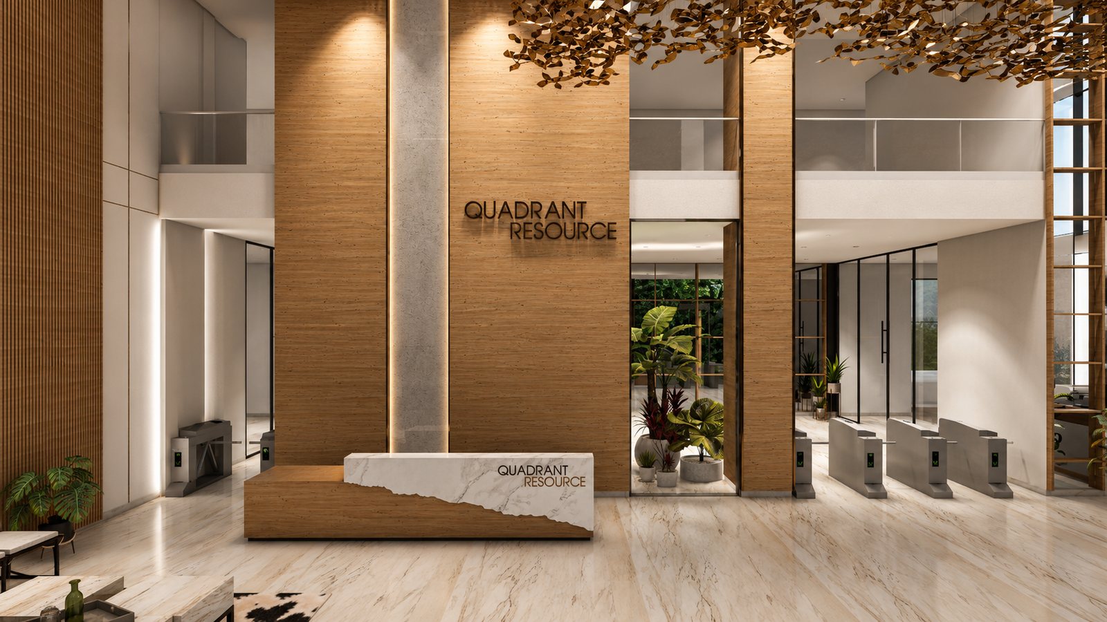 The reception desk under a long brass chandelier, the name cut into stone.
