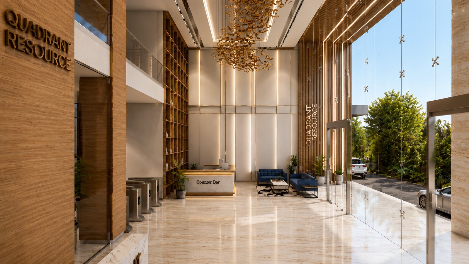 The lobby runs the depth of the plan, turnstiles past a timber library wall.
