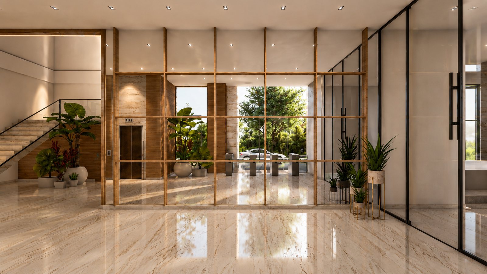 Looking back to the glazed doors, columns wrapped in timber.