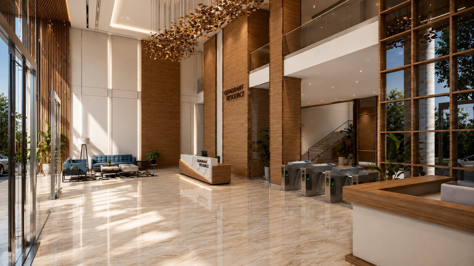 The stair rises off the lobby beside a full-height window.