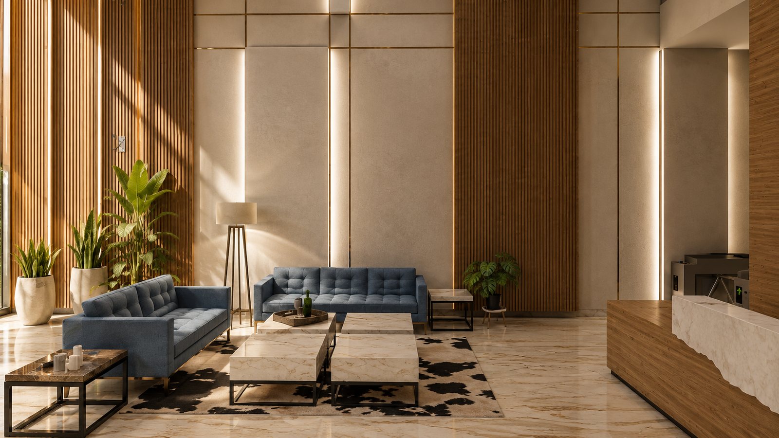 An informal lounge, blue sofas on a patterned rug.