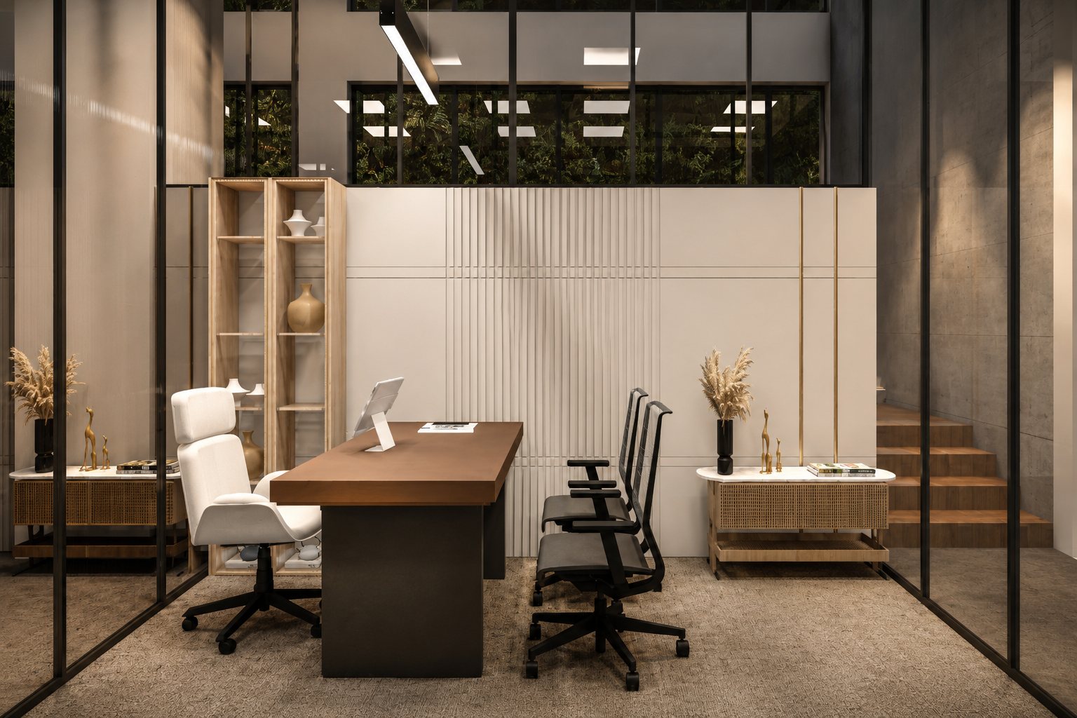 A private cabin behind glass, desk and meeting chairs.
