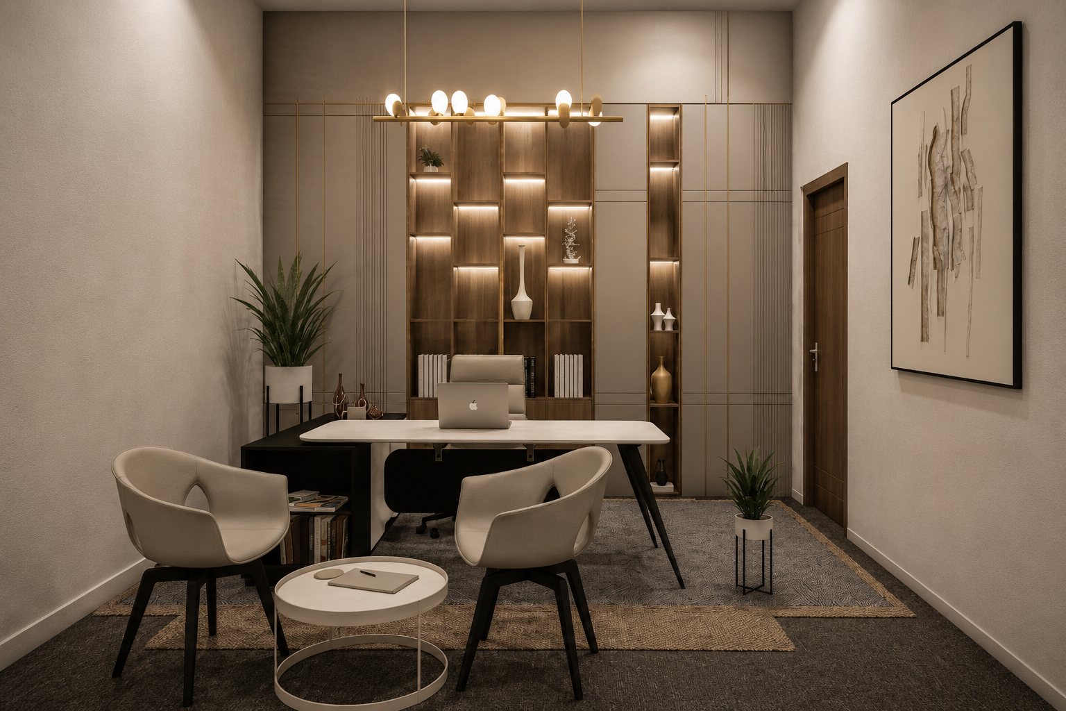 A small meeting room, table under warm downlight.