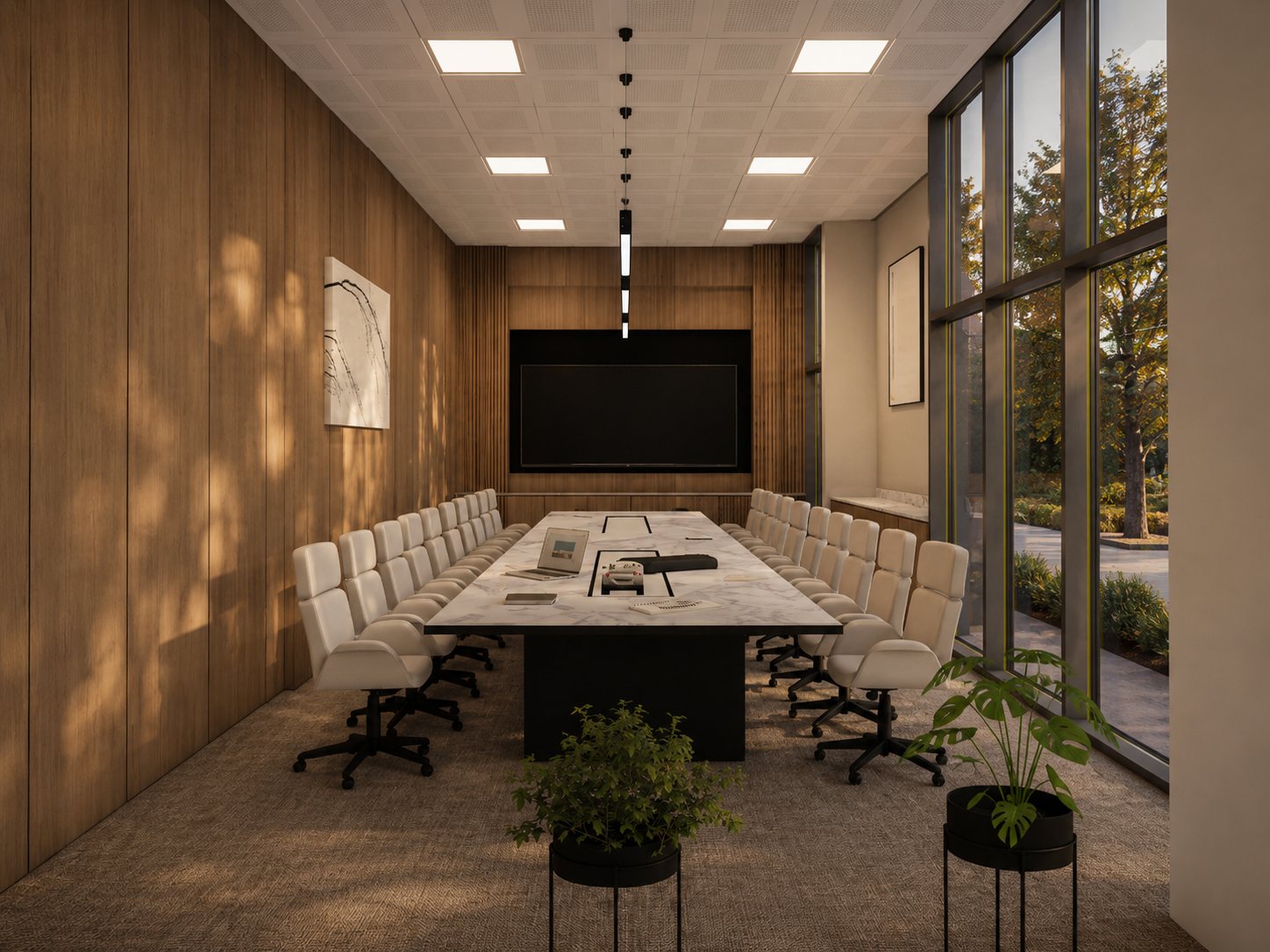The boardroom, a long table between two glazed walls.