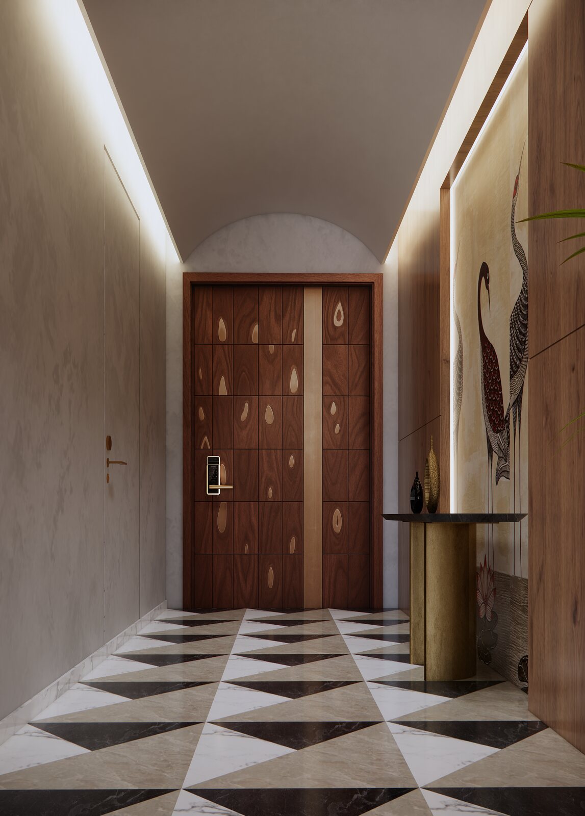 The foyer. A timber door on a diamond marble floor.