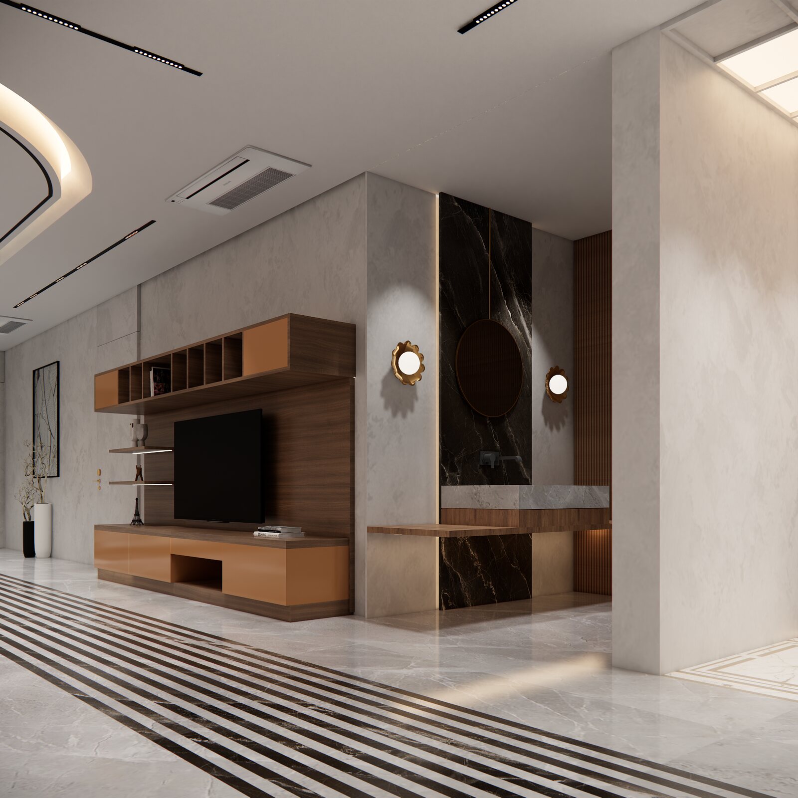 The media wall in walnut and marble.