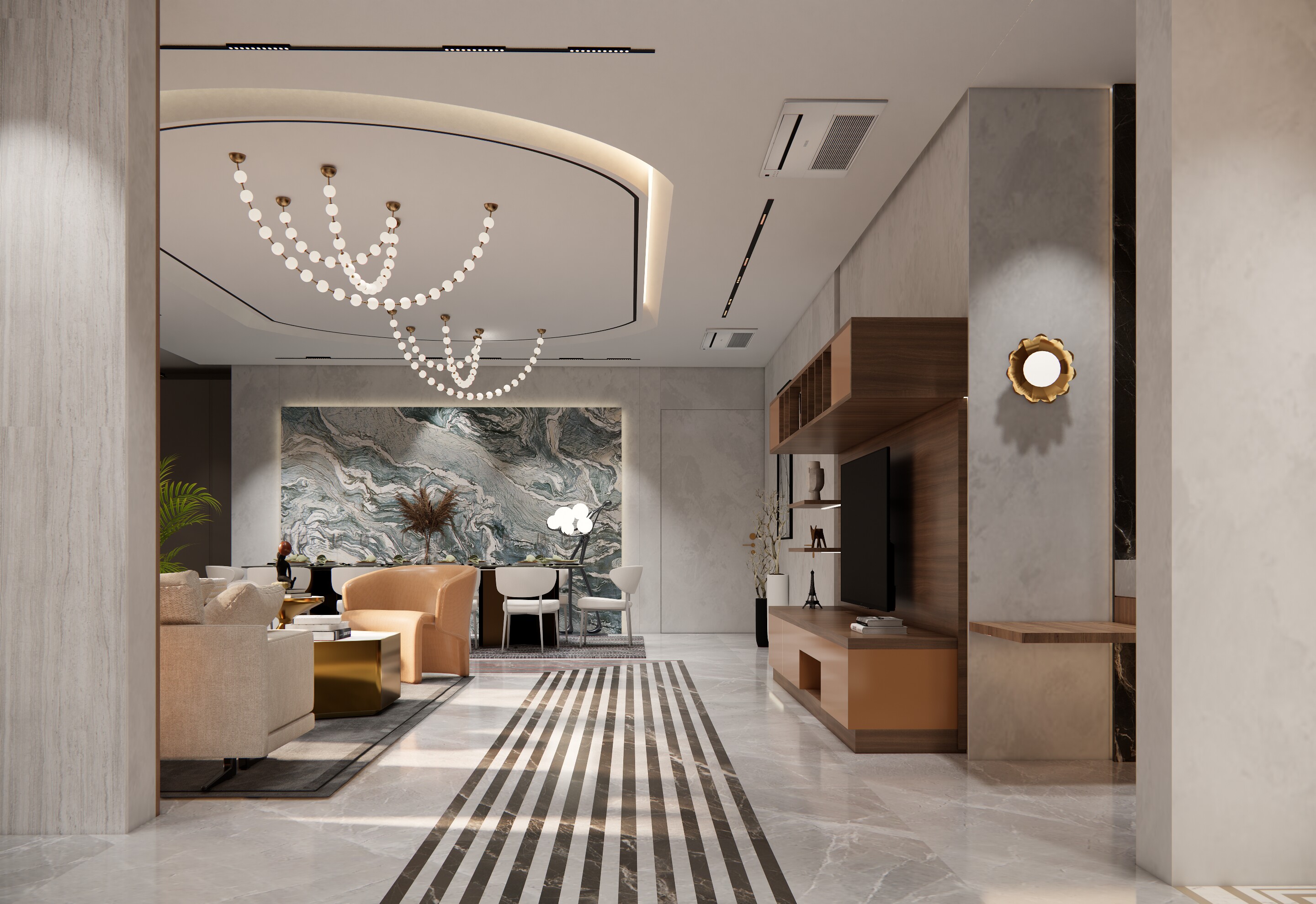 The room runs long to the marble wall.