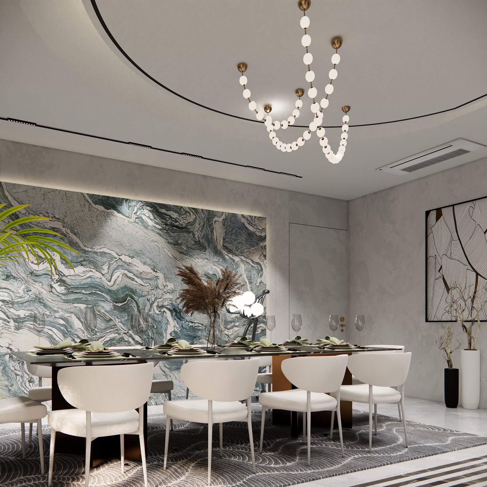 The dining room against a blue marble wall.
