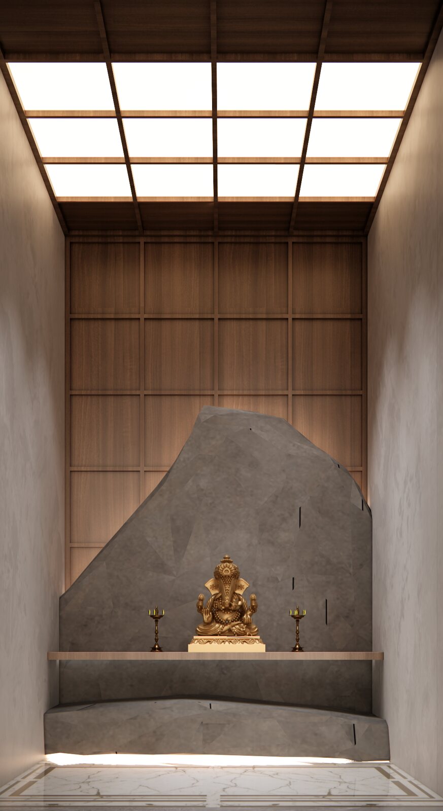 The pooja, carved into grey stone.