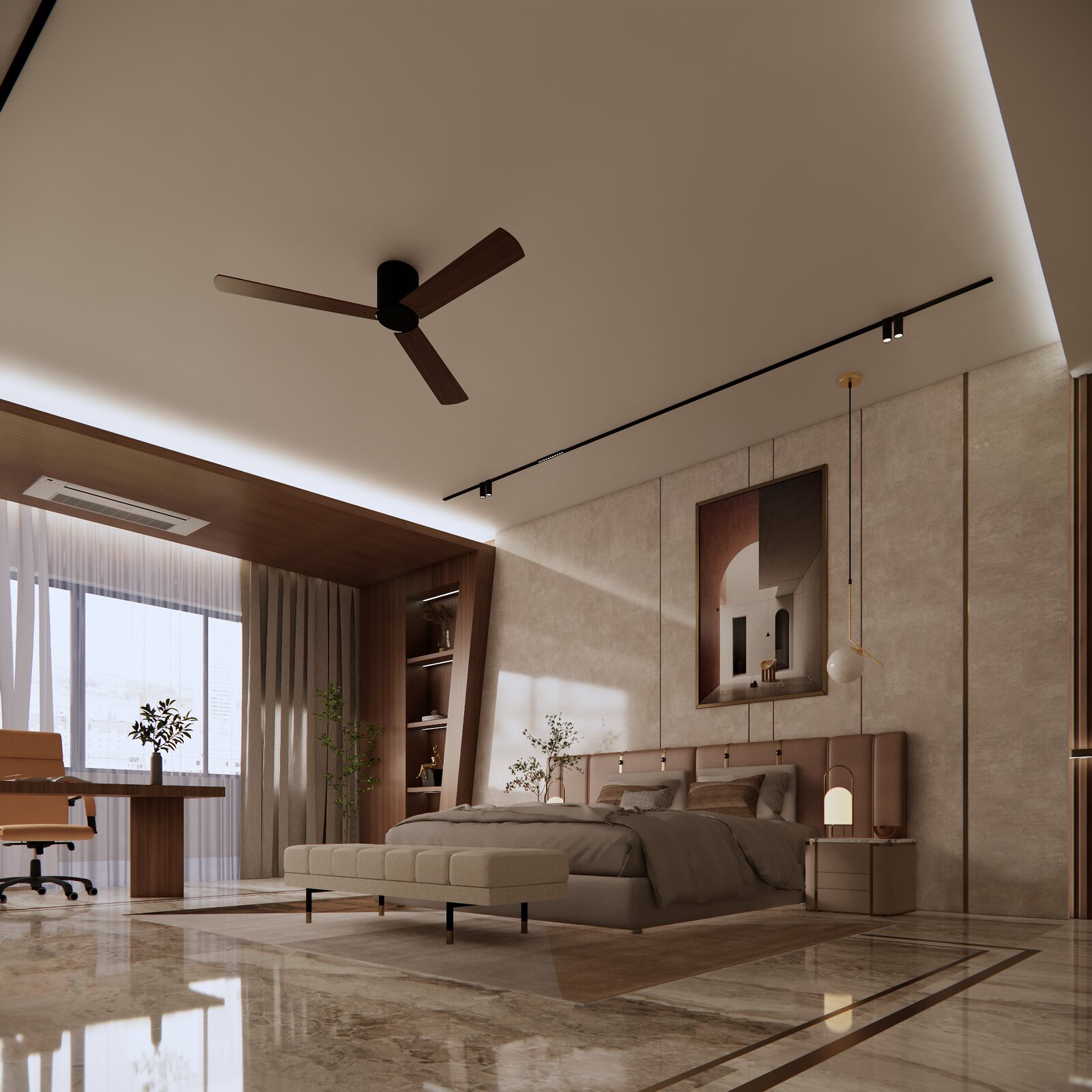 The master suite opens to a marble floor.
