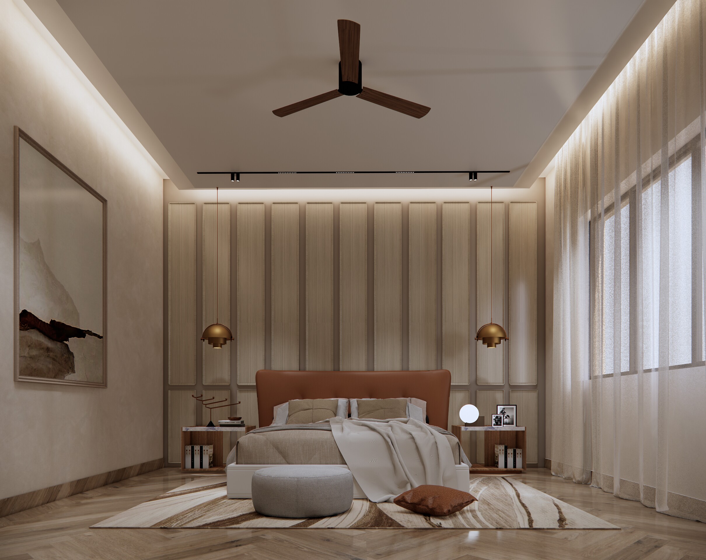 A bedroom in warm neutral and walnut.