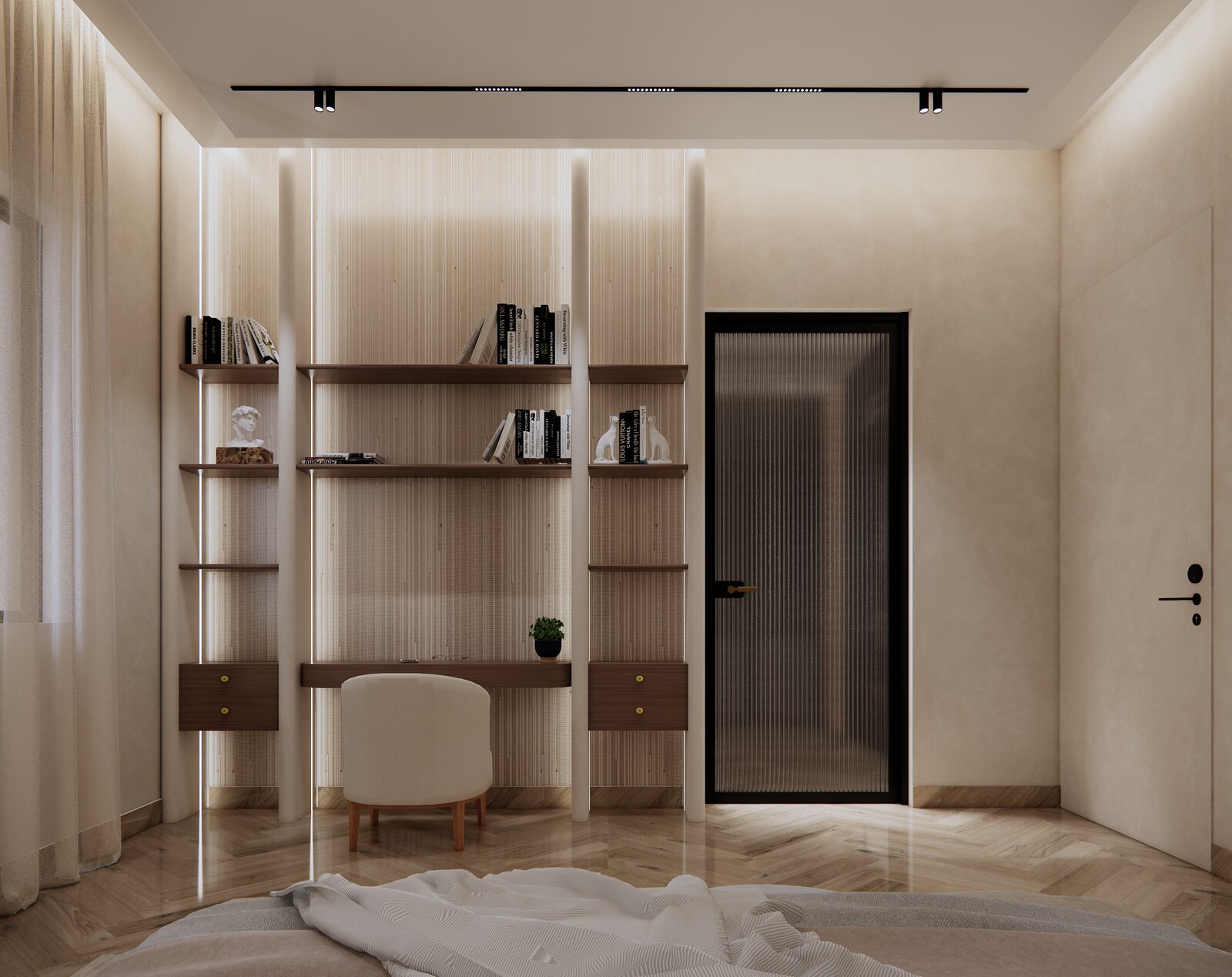 Open shelving beside the bed.