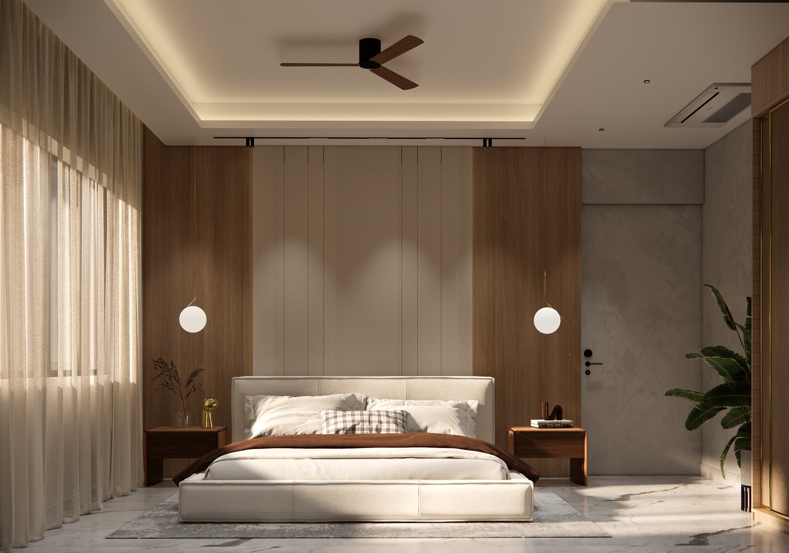 A bedroom in walnut with wall sconces.